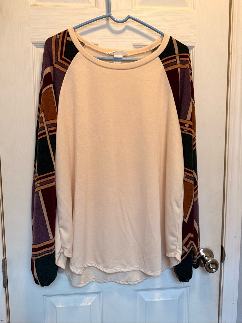Cream Raglan Sleeve Top with Geometric Printed Sleeves